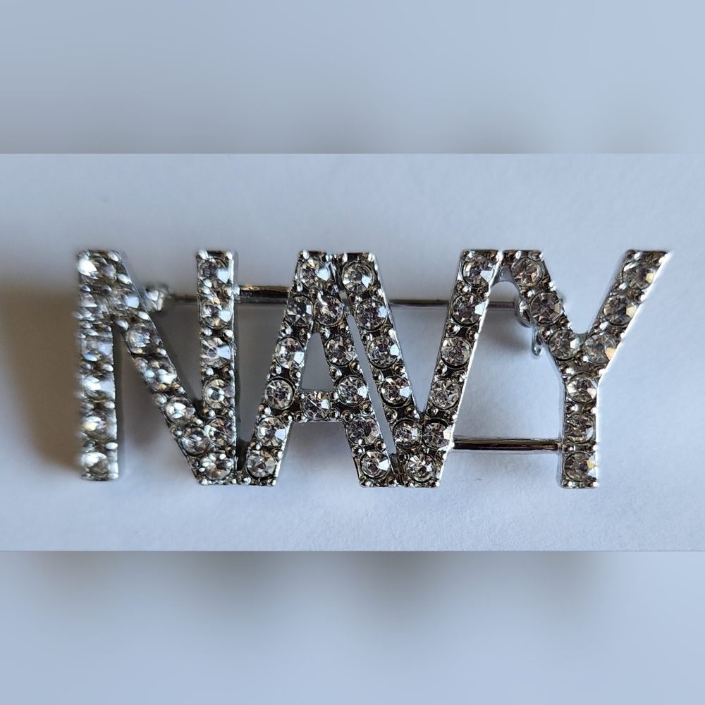 Rhinestone NAVY Brooch Pin Vintage Silver Tone